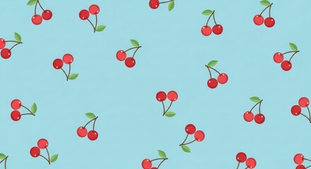 Seamless pattern of red cherries on a light blue background