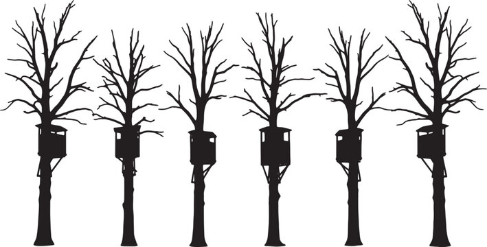 Black Solid Hunting Stand Tree Silhouettes Set of Six on White Background