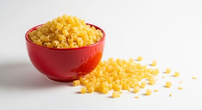 Uncooked ditalini pasta in red bowl on white background.