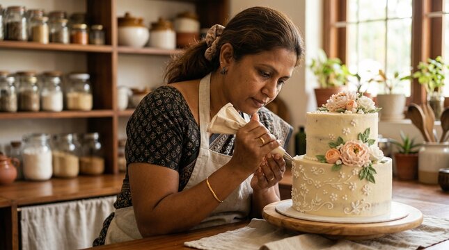 Sri Lankan Home Baker Decorating Cake in Cozy Kitchen