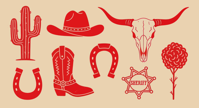 Collection of Western-themed items including a cowboy hat, boots, and a bull skull.
