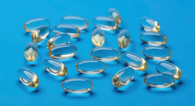 Omega-3 fish oil capsules on a vibrant blue background.