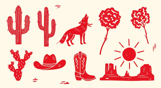 Desert Western Elements Collection Cactus Coyote Sun Hat Boots Landscape.