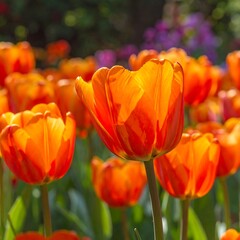 Vibrant orange tulips bloom in a lush garden with purple flowers