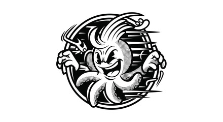 Scary cartoon octopus character with wild hair and menacing grin. © Karimun