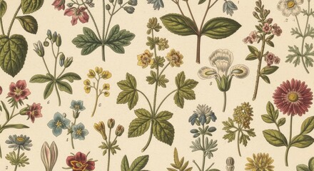 Fototapeta premium Vintage botanical illustration of diverse flora on aged p...