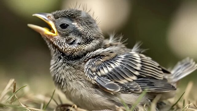 A charming close-up captures a tiny, vulnerable fledgling on the ground, its downy feathers ruffled as it vocally calls with a wide-open beak. The young bird's eager expression and delicate appearance