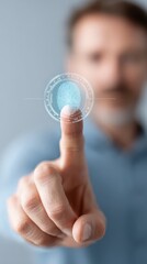Man using biometric fingerprint scan technology to unlock financial account access with digital interface displayed on his finger