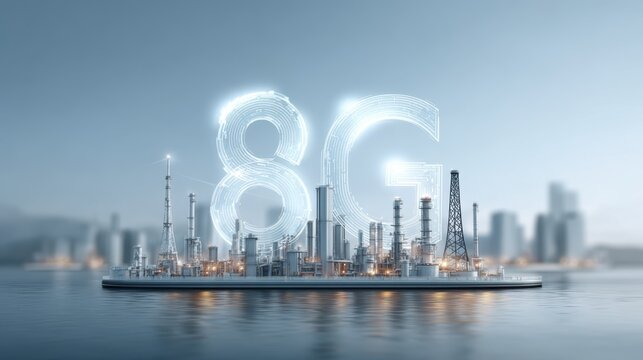 Digital illustration of an industrial landscape featuring 8G technology with towers and structures reflecting on water in a modern city backdrop