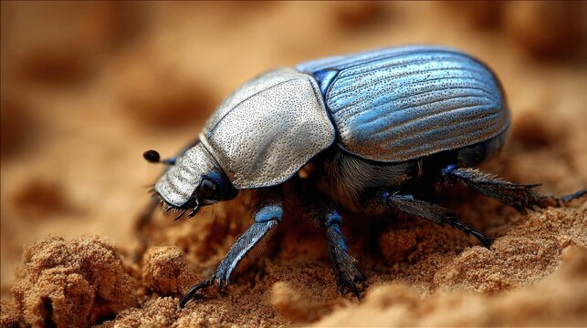 Metallic blue scarab beetle with iridescent sheen digging into sandy earth, showcasing intricate details of its exoskeleton and legs in natural habitat
