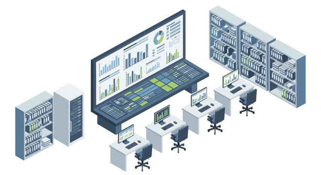 Computer servers and workstation setup illustration.