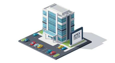Obraz premium Isometric Office Building with Cars and Sign.