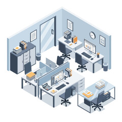 Obraz premium Isometric Office Workspace with Computers and Furniture.