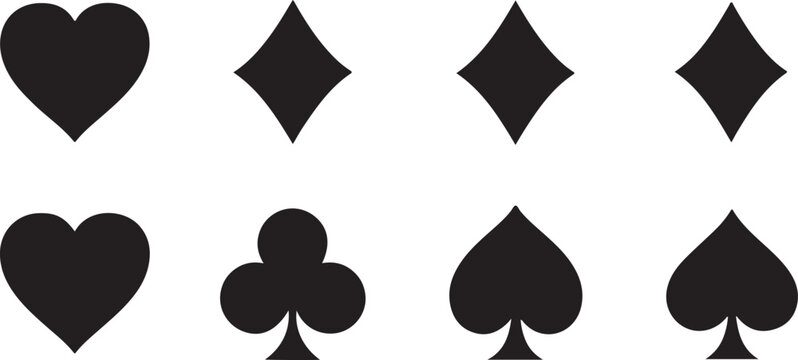 A clean, high-contrast set of classic playing card suit icons including hearts, spades, diamonds, and clubs. These solid black vector symbols are designed for versatility in card game interfaces.