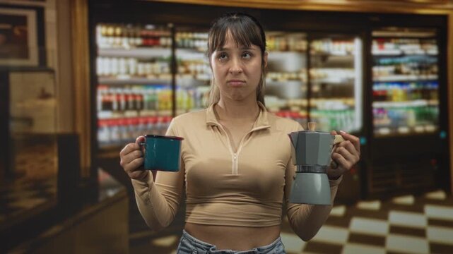 Woman holds mug and moka pot while standing in refrigerated store aisle inside building; disappointment.