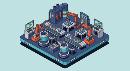 Obraz premium Isometric Smart Factory with Robotic Arms and Conveyor Belts.