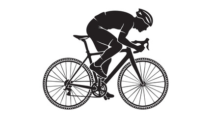 Obraz premium Black silhouette of a male cyclist riding a road bike in an aerodynamic racing position, isolated on a white background.