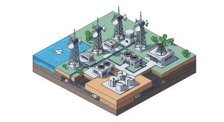 Obraz premium Isometric view of a communication network infrastructure with towers and buildings.