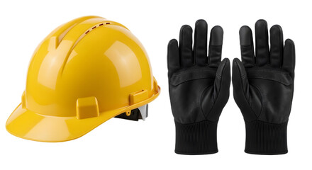 Yellow hard hat and black work gloves safety equipment for construction and industrial work isolated on white background.