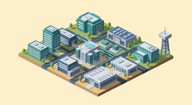 Isometric Smart Cityscape with Modern Buildings and Infrastructure.