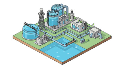 Obraz premium Isometric Water Treatment Plant Illustration with Industrial Infrastructure.