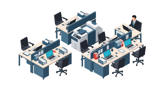 Office Workstations with Computers and Employees.