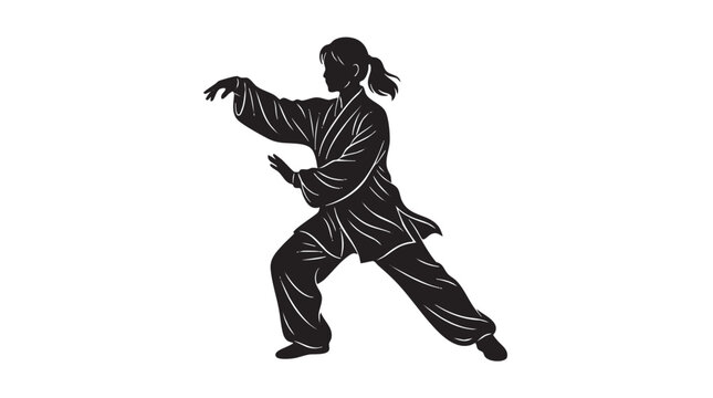 Silhouette of a person performing a graceful martial arts pose, possibly Tai Chi or Kung Fu, in traditional attire.