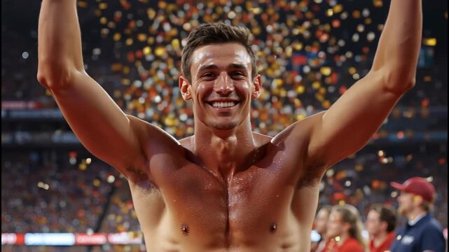 Athletic man celebration confetti stadium cheering shirtless athlete raising arms joyous victory