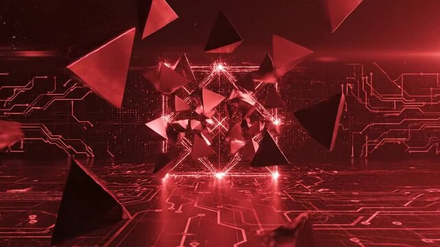 Deep red technology background with floating triangular prisms and neon light lines