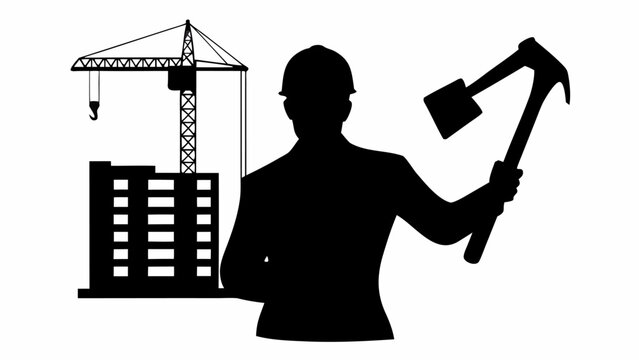 Construction worker with hard hat holding pickaxe near crane