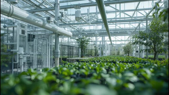 Greenhouse glass structure nurturing rows of plant seedlings with industrial piping and irrigation