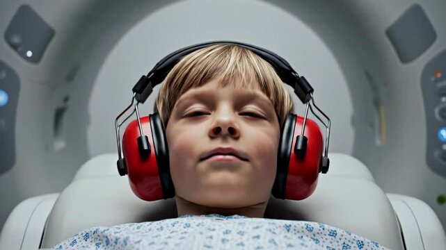 Young boy wearing red earmuff headphones rests in a medical imaging scanner, calm and composed expression, clinical hospital setting suggests diagnostic procedure