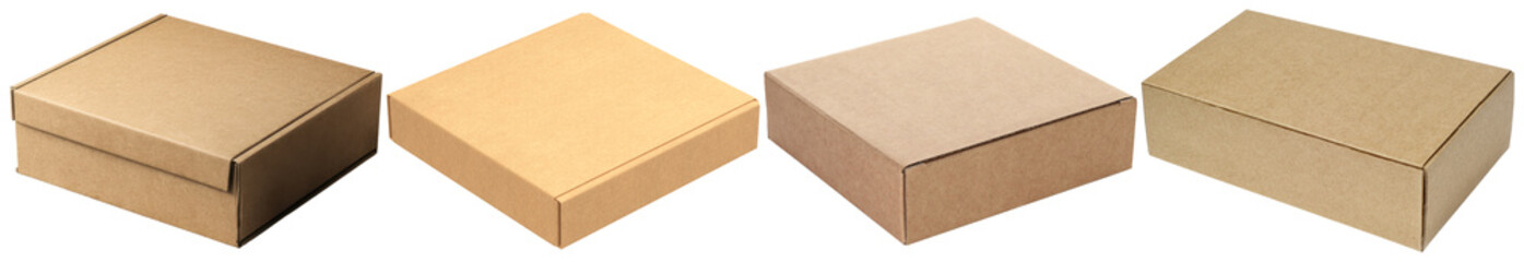 A versatile collection of four distinct brown cardboard boxes in various perspectives.