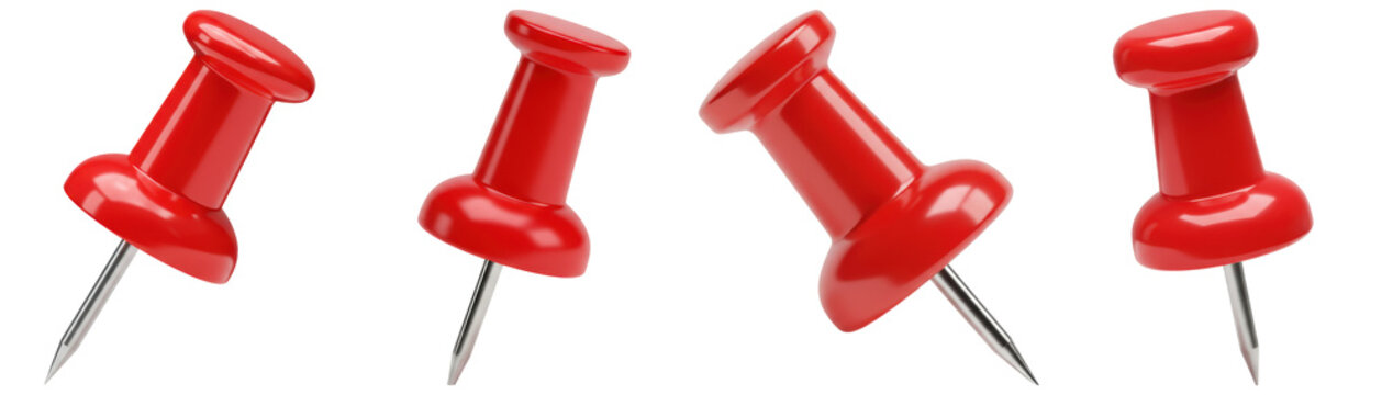 A set of shiny red pushpins, or thumbtacks, rendered in 3D from multiple angles, isolated on a transparent background.