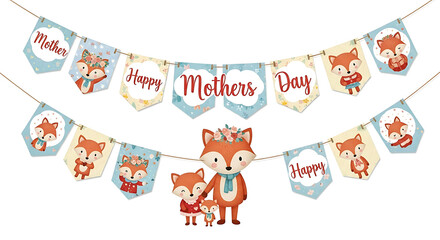 Fototapeta premium Adorable cartoon fox family celebrating mother's day with whimsical banner decoration