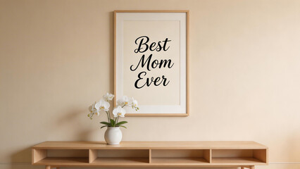 Framed Best Mom Ever poster on wooden cabinet with white orchids. Minimalist Mother's Day interior decoration