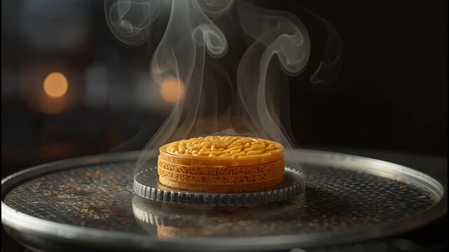 Golden steamed mooncake pastry with ornate pattern and warm reflection on tray