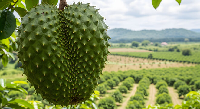 Ripe Green Soursop Fruit Hanging on Tree in Tropical Plantation Orchard. Close-up of a large, mature soursop (Annona muricata) fruit hanging directly from the branch in a lush tropical soursop 