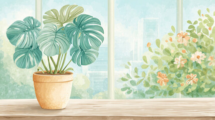 Fototapeta premium Calm morning scene with a Monstera plant on a wooden table by a sunny window. Artistic watercolor illustration background for biophilic design, wellness, and home decor.