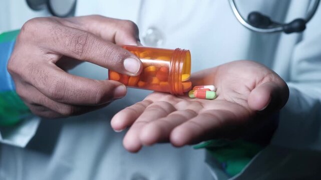 Doctor pouring assorted pills and capsules from prescription bottle into open hand in medical setting