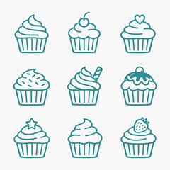 A set of cupcake icons focuses on simplicity, elegance, and ease of recognition. Vector Sign for Logos, Labels, and Icons.