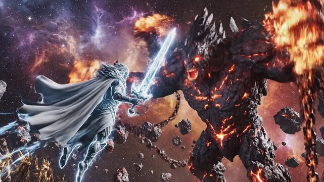 Divine veil between worlds: celestial beings confront erupting cosmic volcanic rocks in deep space