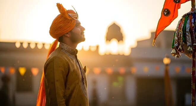 Indian Man In Traditional Attire At Sunset