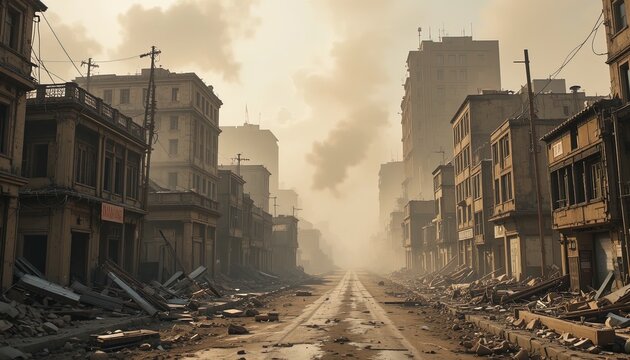 Post-Apocalyptic Cityscape with Collapsed Buildings, Empty Street, and a Thick Haze of Smoke Filling the Air