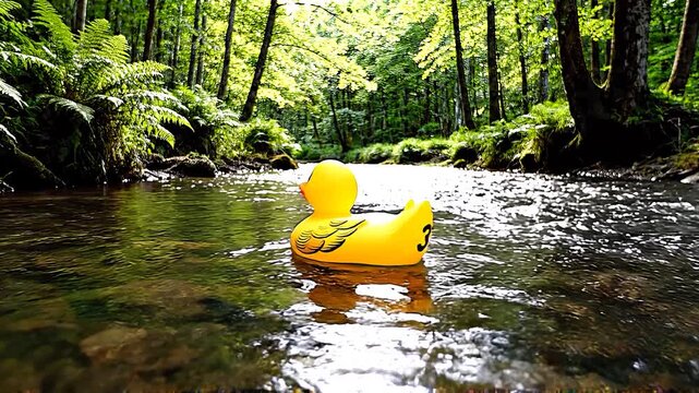 Yellow Rubber Duck Floating in Forest River &ndash; Countdown Number 3 Revealed on Duck Tail