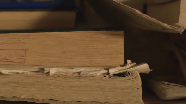 Close-up of aged, thick books with worn pages stacked on a shelf