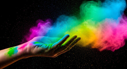 Fototapeta premium Vibrant holi colors explode from hand in dark background
