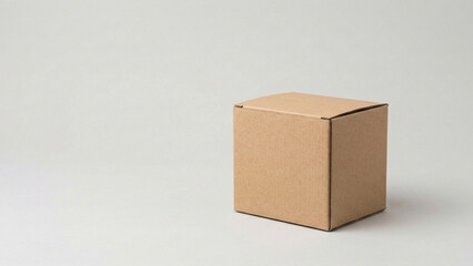 Fototapeta premium A single plain brown cardboard box with a closed lid sits on a clean light grey background, ready for various uses.