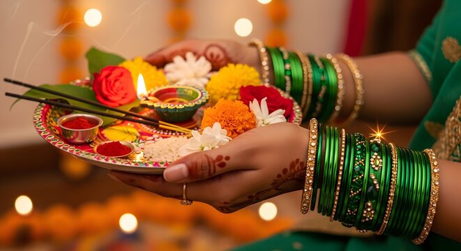 Indian Woman Holding Puja Thali With Diya