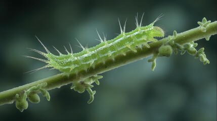 Elongated spiky green caterpillar larva crawling along a plant stem in macro detail